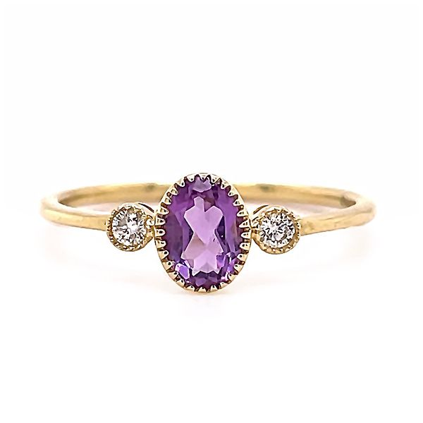 YELLOW 14 KARAT GOLD 0.40 CARATS AMETHYST & 0.06 CARATS DIAMOND THREE STONE RING Goldstein's Jewelers Mobile, AL