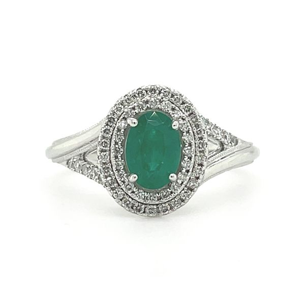 WHITE 14 KARAT GOLD 0.70 CARAT EMERALD & 0.25 CARAT DIAMOND DOUBLE HALO RING Goldstein's Jewelers Mobile, AL