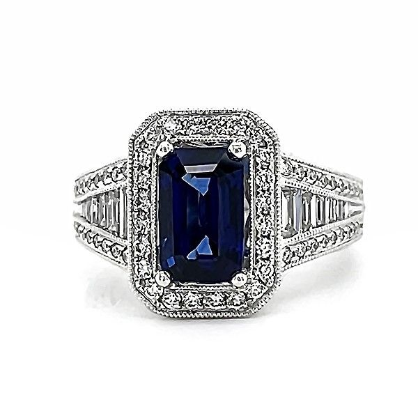 Sapphire and Diamond Retangular Halo Ring Goldstein's Jewelers Mobile, AL