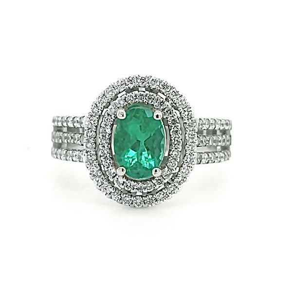Emerald and Diamond Double Halo Ring Goldstein's Jewelers Mobile, AL
