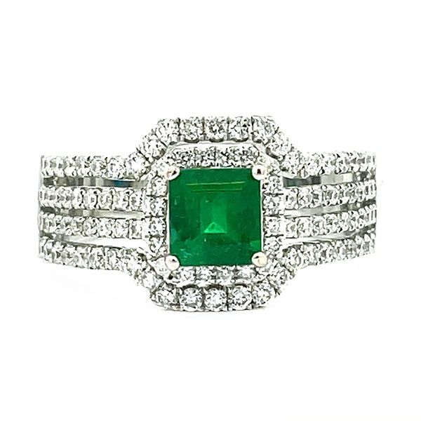 Emerald and Diamond Four Row Halo Ring Goldstein's Jewelers Mobile, AL