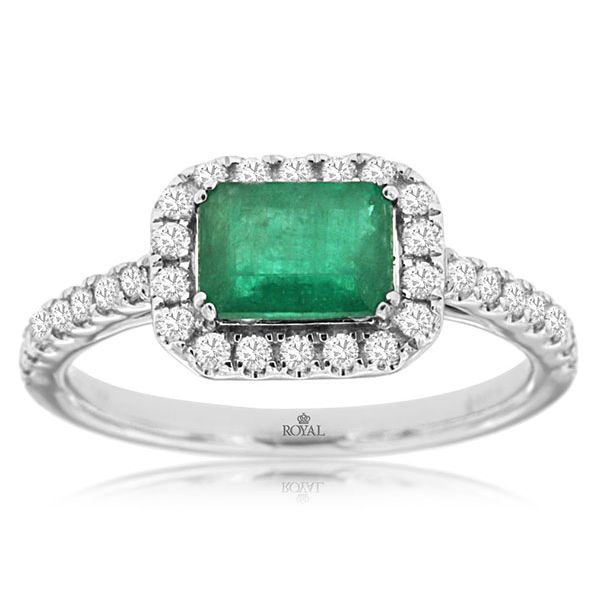 Emerald and Diamond East West Halo Ring Goldstein's Jewelers Mobile, AL