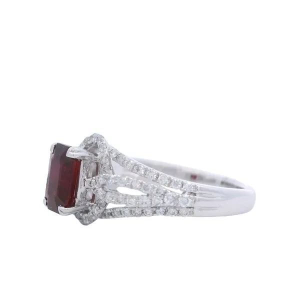 18K White Gold Ruby & Diamond Halo Split Shoulders Ring | 0.98ct Ruby, 0.40ct Diamonds Image 3 Goldstein's Jewelers Mobile, AL