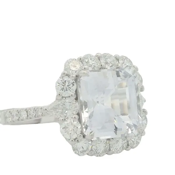 18K White Gold 6.10 Carat White Sapphire & 1.18 Carat Diamond Halo Ring Image 2 Goldstein's Jewelers Mobile, AL