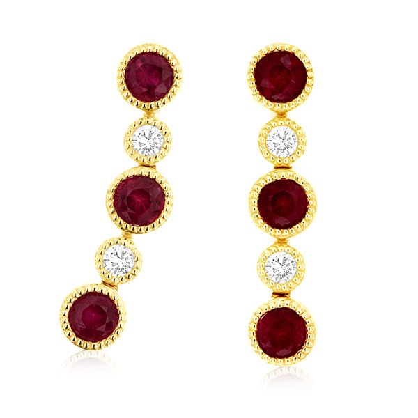 Ruby and Diamond Bezel Set Drop Earrings Goldstein's Jewelers Mobile, AL