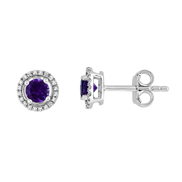 WHITE 14 KARAT GOLD AMETHYST & 0.10 CARAT DIAMOND HALO EARRINGS Goldstein's Jewelers Mobile, AL