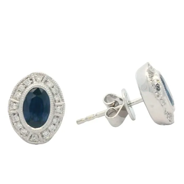 18 Karat White Gold Sapphire and Diamond Halo Stud Earrings - 1.29 Carat Sapphires and 0.12 Carat Diamonds Image 3 Goldstein's Jewelers Mobile, AL