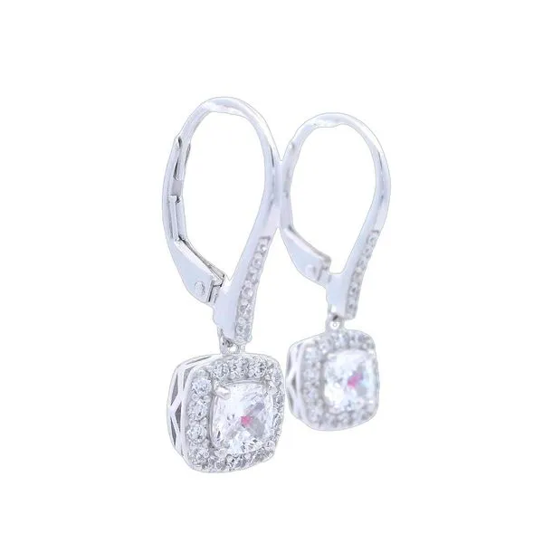 Sterling Silver Cubic Zirconia Cushion Shape Halo Drop Leverback Earrings Image 2 Goldstein's Jewelers Mobile, AL