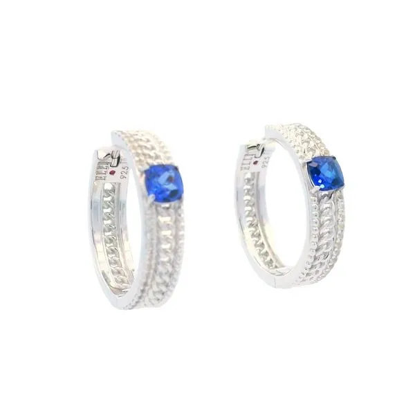 Sterling Silver Created Blue and White Sapphire Hoop Earrings, 16mm Image 2 Goldstein's Jewelers Mobile, AL