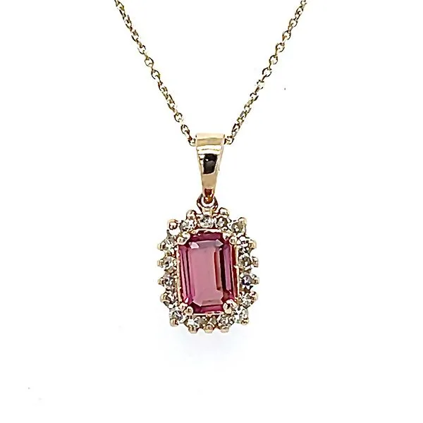 Pink Tourmaline and Diamond Halo Necklace Goldstein's Jewelers Mobile, AL