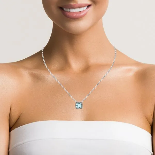 Aquamarine and Diamond Cushion Shape Halo Necklace Image 2 Goldstein's Jewelers Mobile, AL