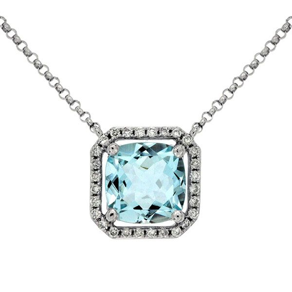 Aquamarine and Diamond Cushion Shape Halo Necklace Goldstein's Jewelers Mobile, AL