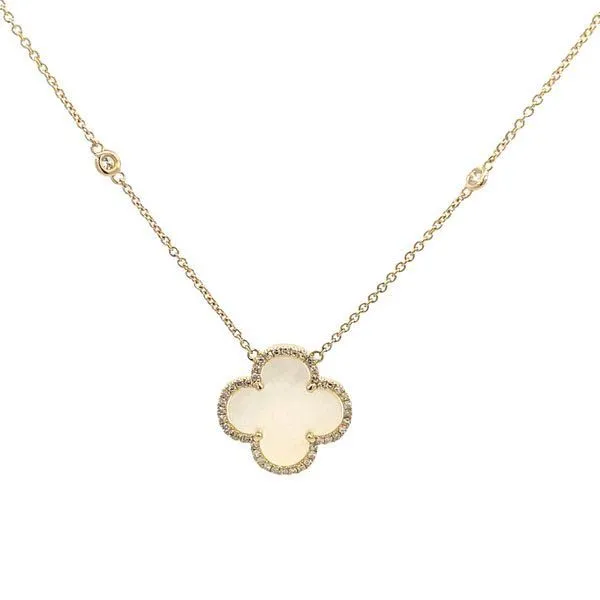 YELLOW 14 KARAT GOLD MOTHER OF PEARL & 0.21 CARAT DIAMOND QUATREFOIL NECKLACE Goldstein's Jewelers Mobile, AL