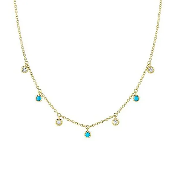 14K Yellow Gold Turquoise & Diamond Drop Stations Necklace - Adjustable 15