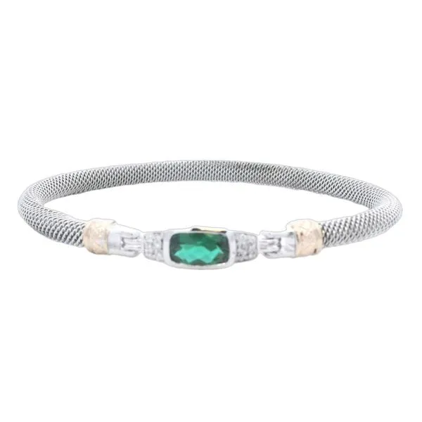 Sterling Silver and 14 Karat Yellow Gold Emerald and Lab Diamond Milanese Mesh Bangle Bracelet - 7