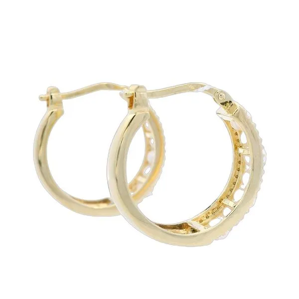 18 Karat Yellow Gold Plated Sterling Silver 14MM Hoop Earrings with Freshwater Pearl and Cubic Zirconia Image 4 Goldstein's Jewelers Mobile, AL