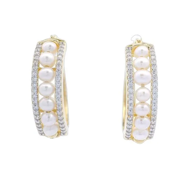 18 Karat Yellow Gold Plated Sterling Silver 14MM Hoop Earrings with Freshwater Pearl and Cubic Zirconia Goldstein's Jewelers Mobile, AL