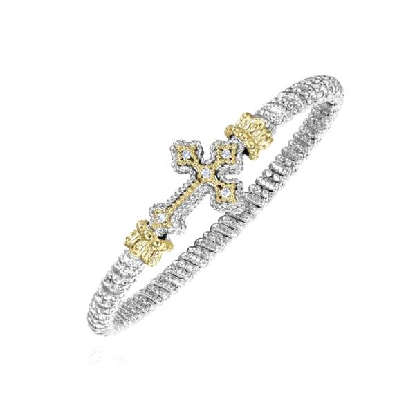 STERLING SILVER & 14 KARAT YELLOW GOLD 0.10 CARAT DIAMOND VAHAN CROSS BRACELET Goldstein's Jewelers Mobile, AL