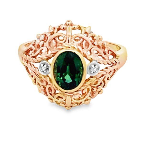 ESTATE 10ky 1.23ct green sapphire diamonds filigree ring Graham Jewelers Wayzata, MN