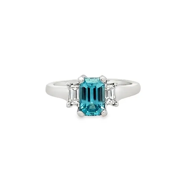 Platinum 1.92ct EC Blue Zircon .42ctw EC dia sides ring size 7 Graham Jewelers Wayzata, MN