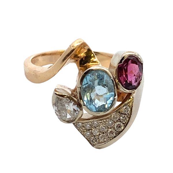 ESTATE 14ky .43ct Pear diamond,  pink tourmaline and Swiss blue topaz ring Graham Jewelers Wayzata, MN