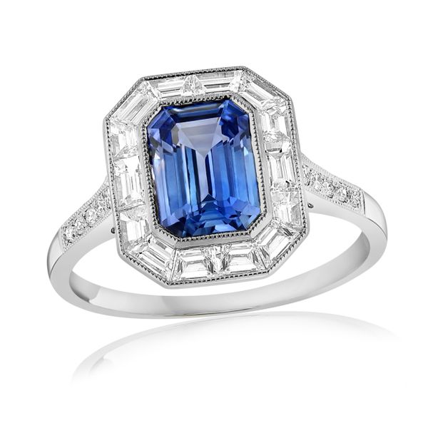 Platinum Halo Ring with Emerald Cut Sapphire Graham Jewelers Wayzata, MN