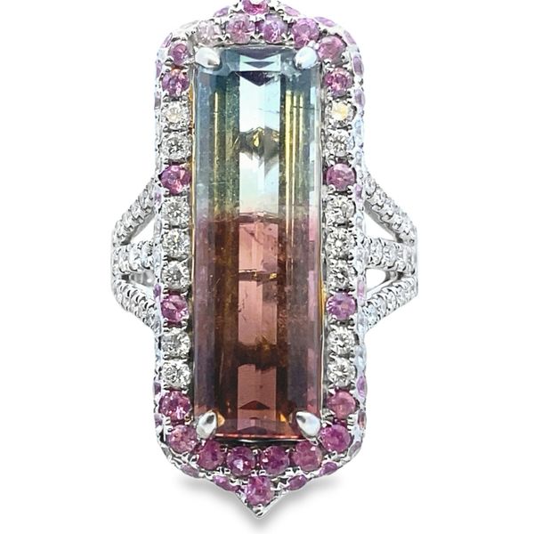 14kw 7x22mm Watermelon Tourmaline dia/pnk sapp ring Graham Jewelers Wayzata, MN