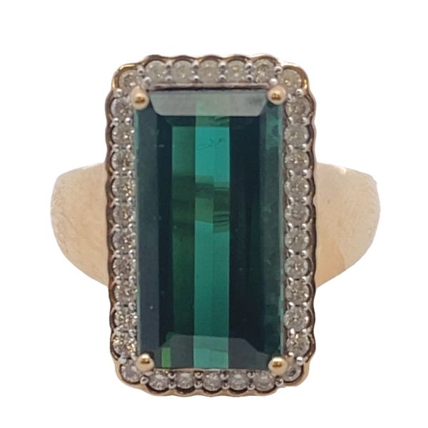 ESTATE 18ky 4.5ct aprox Green tourmaline .50ctw dia Halo Cocktail ring size 7 Graham Jewelers Wayzata, MN