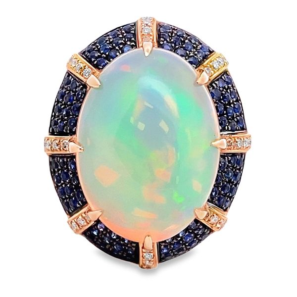 ESTATE 14ky 16ct aprox Ethiopian Welo Opal Blue Sapphire and diamond ring Graham Jewelers Wayzata, MN
