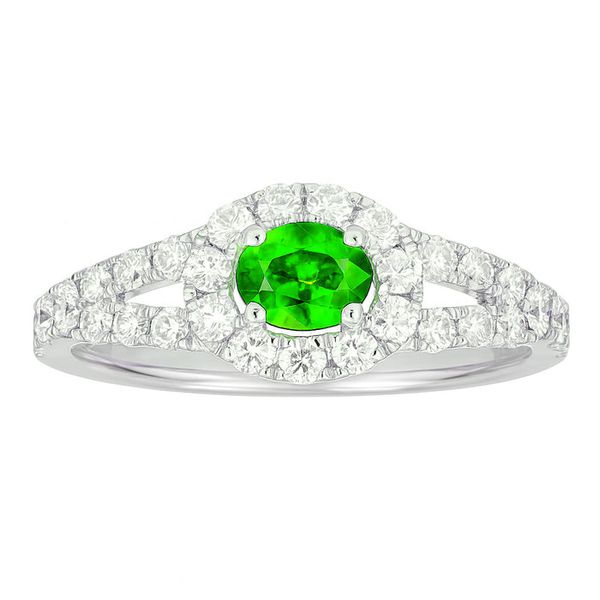 Emerald and Diamond Halo Split Shank Ring Graham Jewelers Wayzata, MN