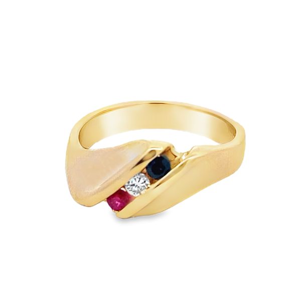 ESTATE 14ky channel set .25ctw dia (Si2 HI), HT saph, HT ruby ring size 6.25 Graham Jewelers Wayzata, MN