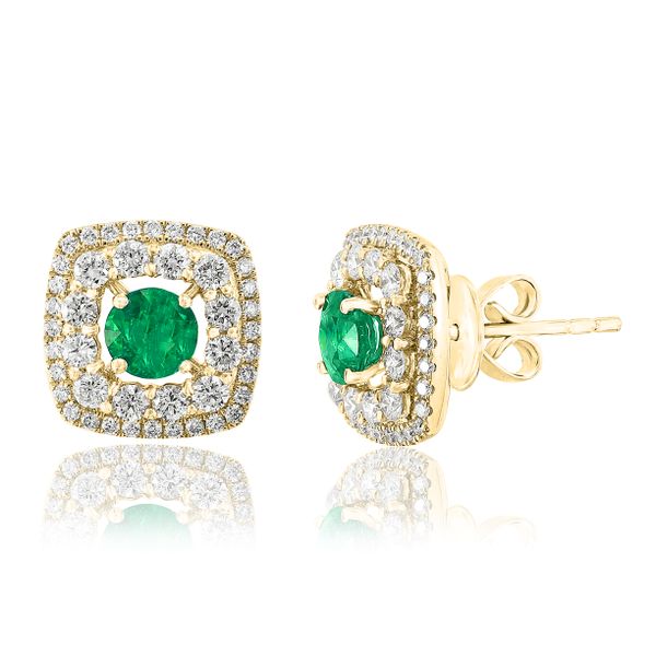 18Kt Yellow Gold Double Halo Emerald Earrings Graham Jewelers Wayzata, MN