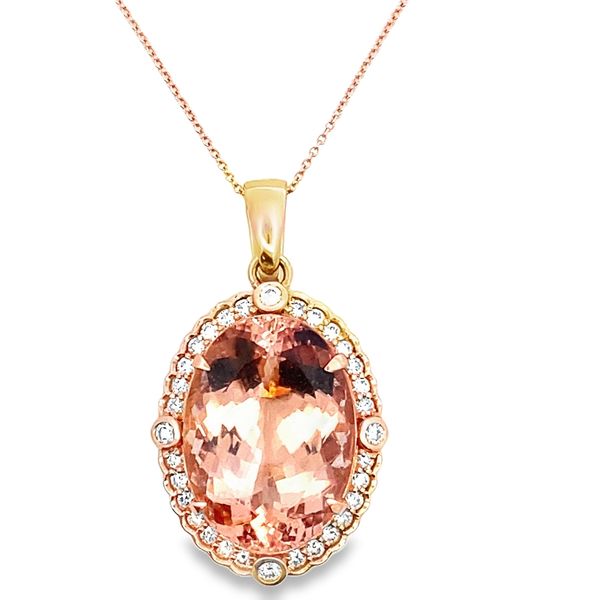 18kr 16.5ct aprox Morganite.68ctw dia Halo pendant necklace Graham Jewelers Wayzata, MN