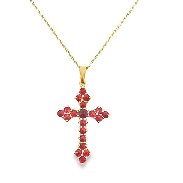 ESTATE 14ky Garnet Cross necklace 18