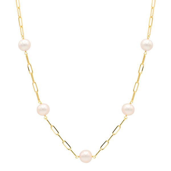 14 Karat Yellow Gold Paper Clip and Pearl Tincup Necklace Graham Jewelers Wayzata, MN