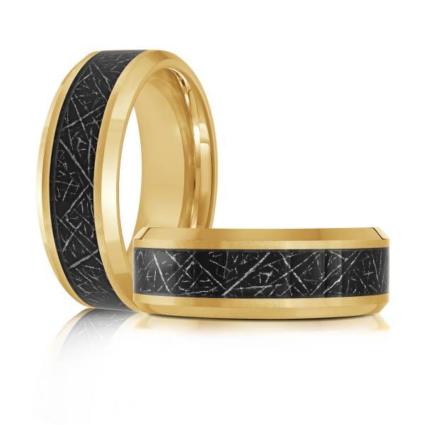 Yellow Colored Tungsten Wedding Band Inlayed With Meteorite Patterned Carbon Fiber Image 2 Graham Jewelers Wayzata, MN