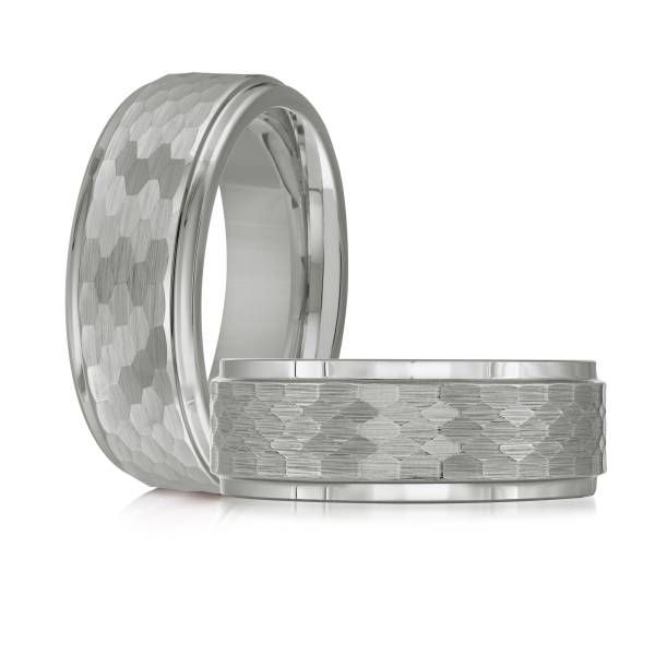 Hexagonally Hammer Finished Step Cut Tungsten Wedding Band Image 2 Graham Jewelers Wayzata, MN