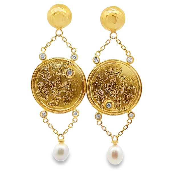 ESTATE ARA 24K Coin .04ctw Diamond and pearl Dangle earrings Graham Jewelers Wayzata, MN