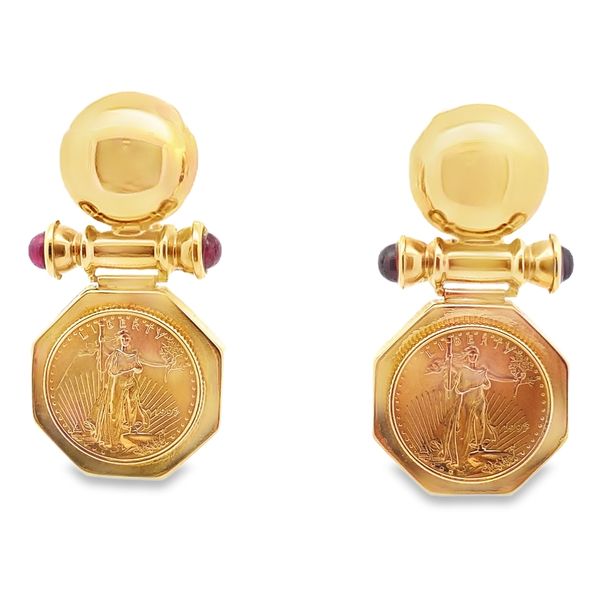 ESTATE 14ky Vintage Liberty Coin Garnet Cabochon sides Drop Earrings Graham Jewelers Wayzata, MN
