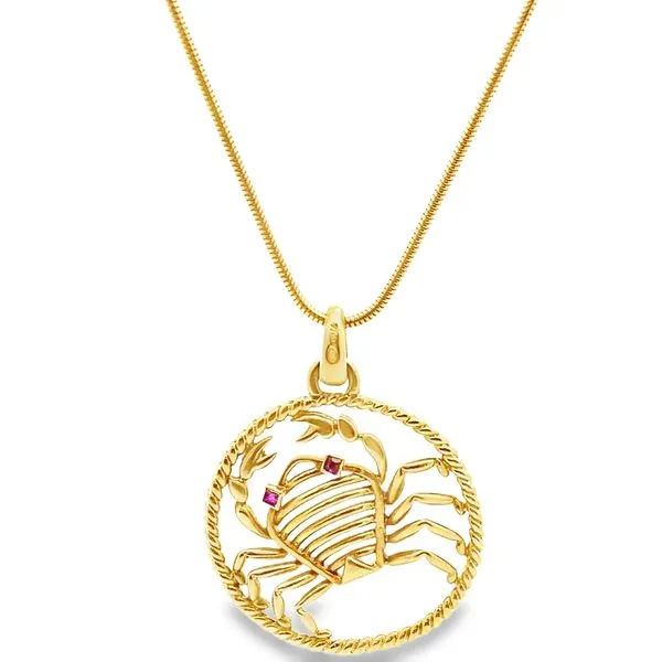 18ktYellow Gold Cancer Zodiac Charm Necklace with Ruby Accents Graham Jewelers Wayzata, MN