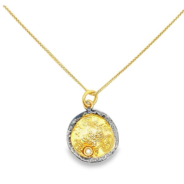 ESTATE ARA24k .04ct dia pendant coin with 14ky chain 18