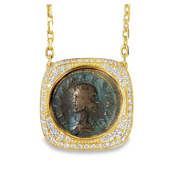 Yellow Gold Roman Coin Diamond Halo Pendant Graham Jewelers Wayzata, MN