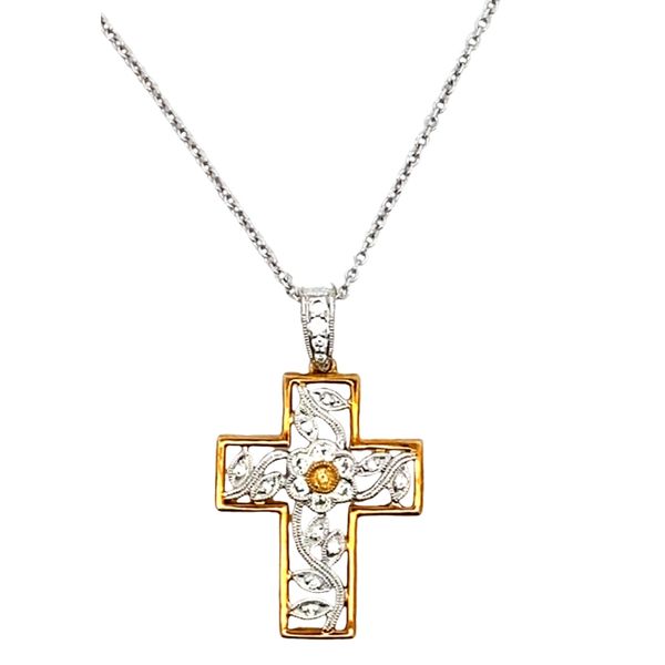 ESTATE Simon G 18k TT .13ctw rbc dia .02ctw yellow rbc dia filigree flower cross pendant necklace Graham Jewelers Wayzata, MN