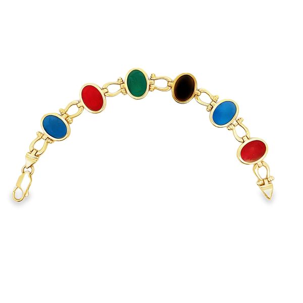 ESTATE 14KY CAMEO bracelet dyed Onyx, 2 Carnelians, dyed chrysoprase, 2 dyed blue chalcedony Graham Jewelers Wayzata, MN