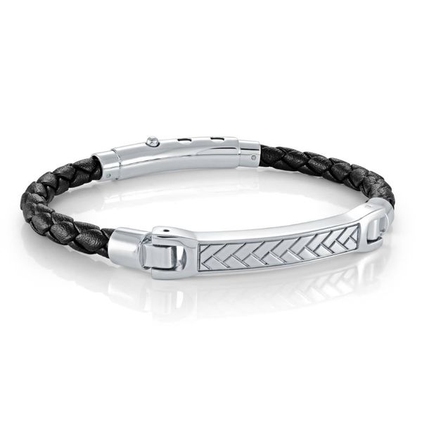Stainless Steel and Black Leather Wave Design Bracelet Graham Jewelers Wayzata, MN