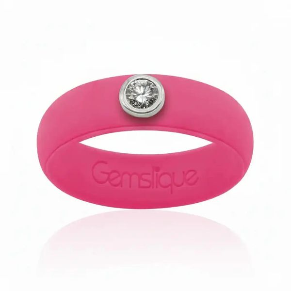 Hot Pink Silicone Ring With Bezel Set 3MM Cubic Zirconia Gray's Jewelers Bespoke Saint James, NY
