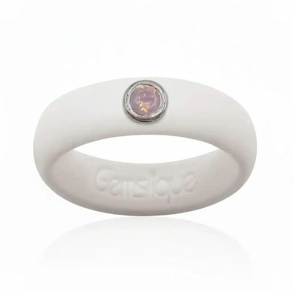 White Silicon Band with 3MM Bezel Set Pink Opal Cubic Zirconia Gray's Jewelers Bespoke Saint James, NY