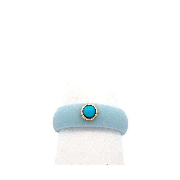 Powder Blue Silicon Band with 14K Yellow Gold Bezel Set Turquoise Cabochon Gray's Jewelers Bespoke Saint James, NY
