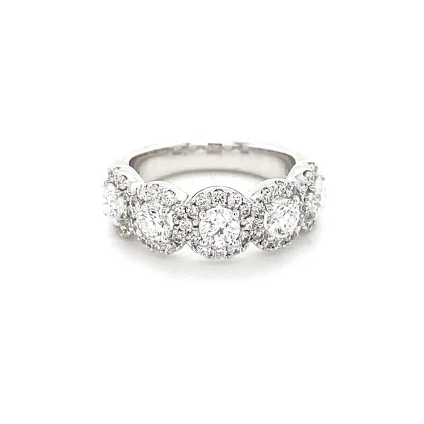 14K WHITE GOLD DIAMOND FIVE STONE HALO WEDDING /  ANNIVERSARY BAND Gray's Jewelers Bespoke Saint James, NY