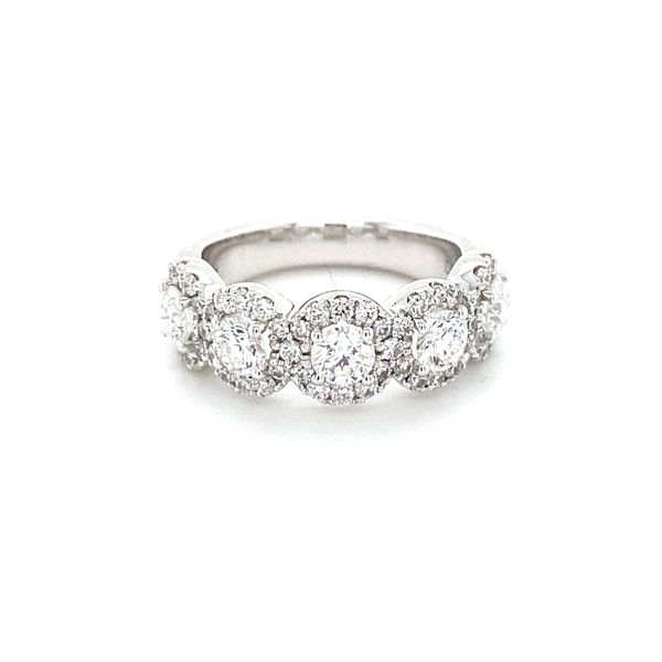 14K WHITE GOLD DIAMOND FIVE STONE HALO WEDDING /  ANNIVERSARY BAND Gray's Jewelers Bespoke Saint James, NY